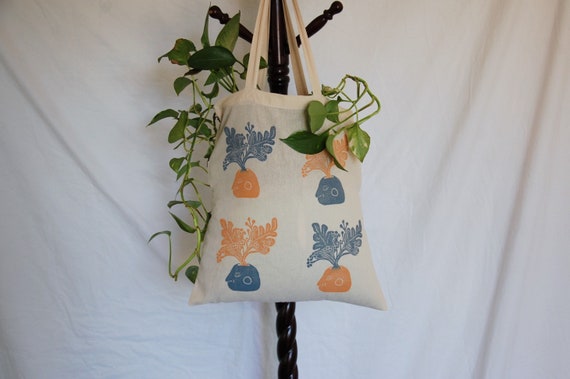 Block Print Canvas Tote Bag // Original "Weedy" Design Print Pattern //  Green and Yellow OR Blue and Yellow Alternating Ink // Lino Cut