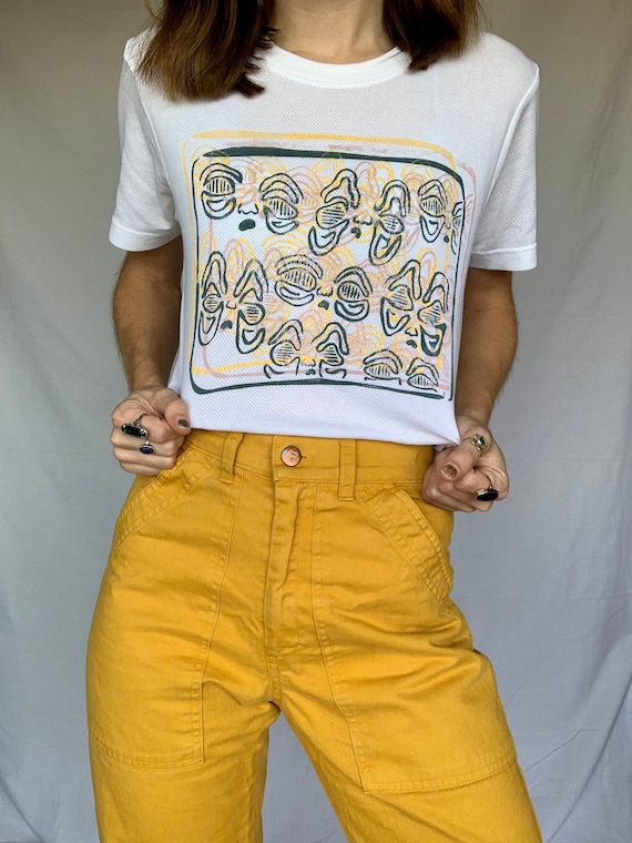 Thrifted Screen Print Tee // White Mesh Crew Neck // Original "Melted" Screen Print Design on Front In Yellow, Pink, and Jade Ink /