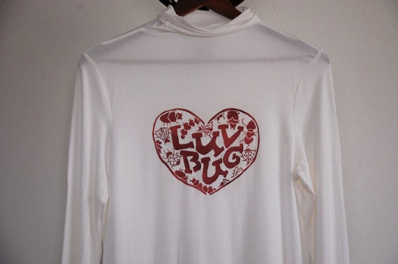 Thrifted Screen Print Turtleneck // Size XLarge // Original "Luv Bug" Screen Print Design // Red, Pink Ink // Valentine's Day // Heart //