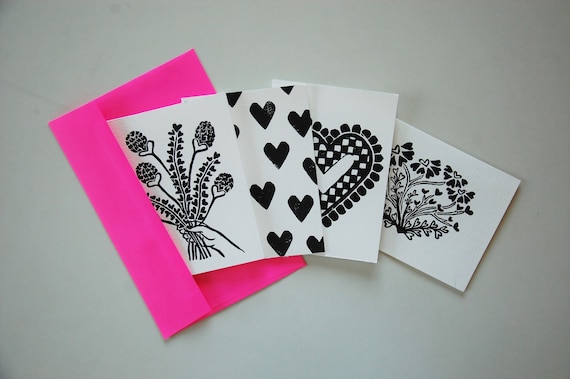 Valentine's Day Card Pack // Original Block Print Illustration Designs // Handmade Greeting Cards // 4 Pack Bundle  // Heart Print // Retro