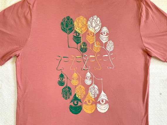 Thrifted Screen Print T-Shirt // Size XLarge // Original "GrowthV.Progress" Print Design // Pink Crew Neck Tee // Jade, Yellow, White Ink