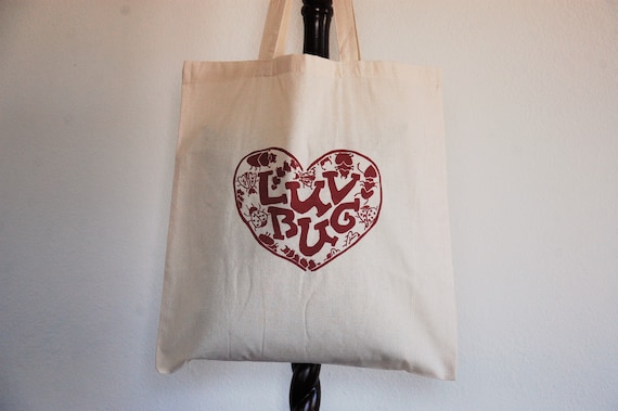 Valentine's Day Screen Print Tote Bag // Original "Luv Bug" Design // Cotton, Reusable  // Pink, Red, Black, Green Ink // One Side Print