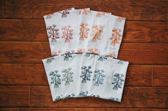 Original "Sprung" Block Print Pattern Design // White Cotton Tea Towel // Red, Yellow, Green, Blue 2 Tone Ink Options // 28" x 28" //