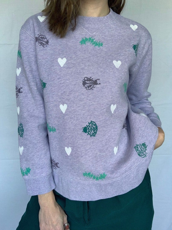 Reworked Thrifted Block Print Sweatshirt // Size Small // Original "Luv Bug" Stamp Pattern Design // Purple, Green, White Ink // Crew Neck