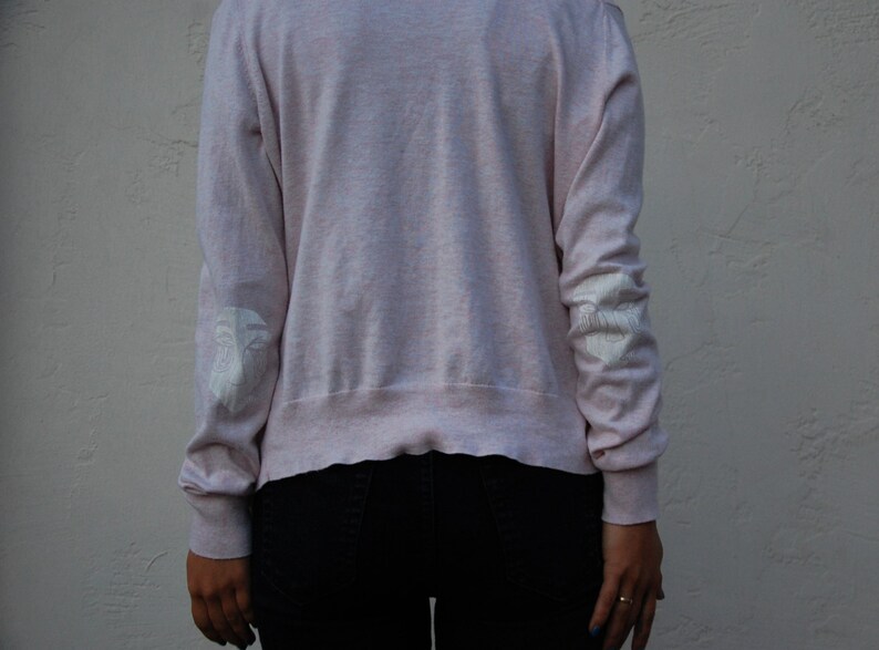 Thrifted Gap Brand Cardigan Original No Face Screen Print Design Printed on Elbows in White Ink Size Large Light Pink