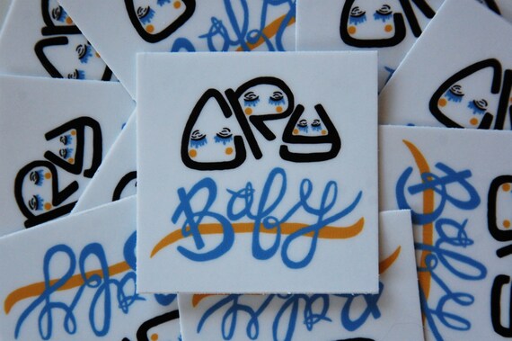 Original "Cry Baby" Illustration Design Sticker // 2 x 2 inches // White Back // Vinyl // Laptop Notebook Decal Sticker // Handmade Font //