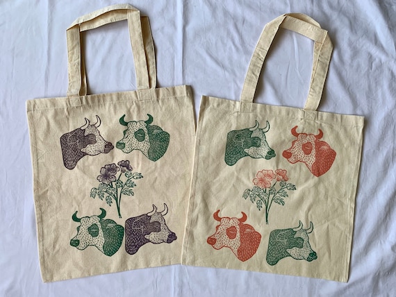 Block Print Pattern Tote Bag // Original "Cowss" Stamp Design // Cotton Canvas Tote // Peach, Green, Purple Inks // Hand Carved Lino Cut //