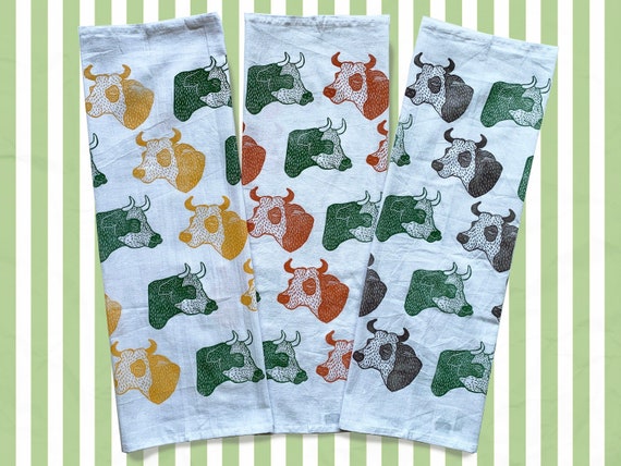 Block Print Pattern Tea Towels // Original "Cowss" Stamp Design Pattern // 100% Cotton // 28 x 28 // Green, Yellow, Purple, Peach Ink //
