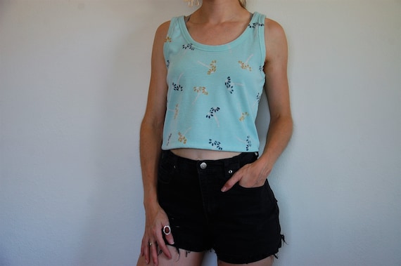 Original Daisy Stamp Block Print Pattern Design // Size Large // White, Blue, Yellow Ink // Light Sea Foam Green //  Thrifted Crop Tank