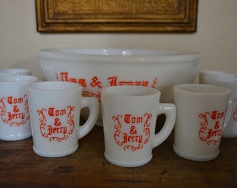 McKee 1930s Tom and Jerry Milk Glass Eggnog Set - bowl and seven mugs