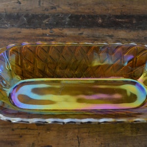 Indiana Marigold Iridescent Carnival Glass Long Oval Dish Pretzel Pattern image 2