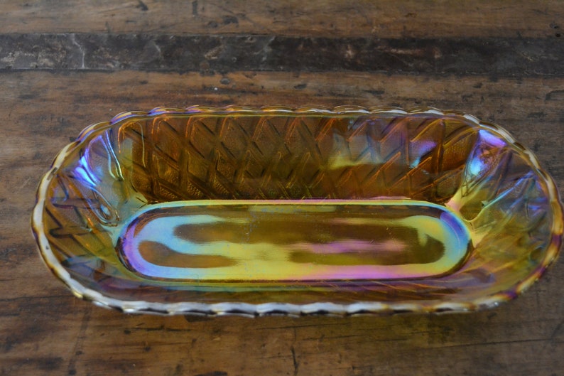 Indiana Marigold Iridescent Carnival Glass Long Oval Dish Pretzel Pattern image 2