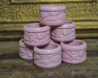 Pink Molded Carved Flower Napkin Rings - set of 7
