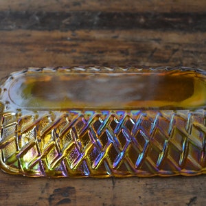 Indiana Marigold Iridescent Carnival Glass Long Oval Dish Pretzel Pattern image 3