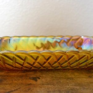 Indiana Marigold Iridescent Carnival Glass Long Oval Dish Pretzel Pattern image 1