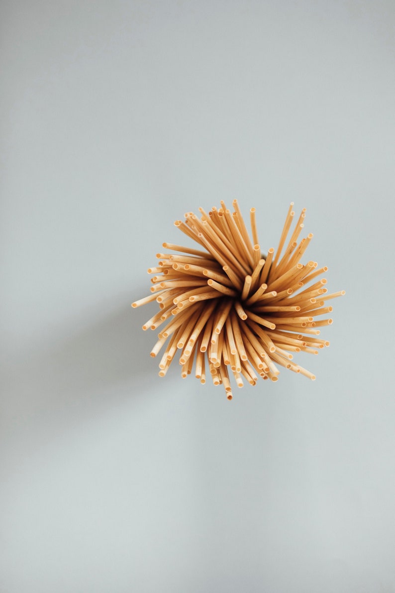 May include: Overhead shot of a bundle of dry, light brown spaghetti noodles. The pasta is arranged in a circular shape, with the ends of the noodles radiating outwards. The background is a solid, light gray color.