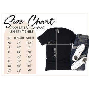 K&ouml;nnte beinhalten: Gr&ouml;&szlig;entabelle f&uuml;r ein Unisex-T-Shirt mit den Ma&szlig;en in Zoll f&uuml;r L&auml;nge und Breite. Die Tabelle umfasst die Gr&ouml;&szlig;en XS, S, M, L, XL, 2X und 3X.
