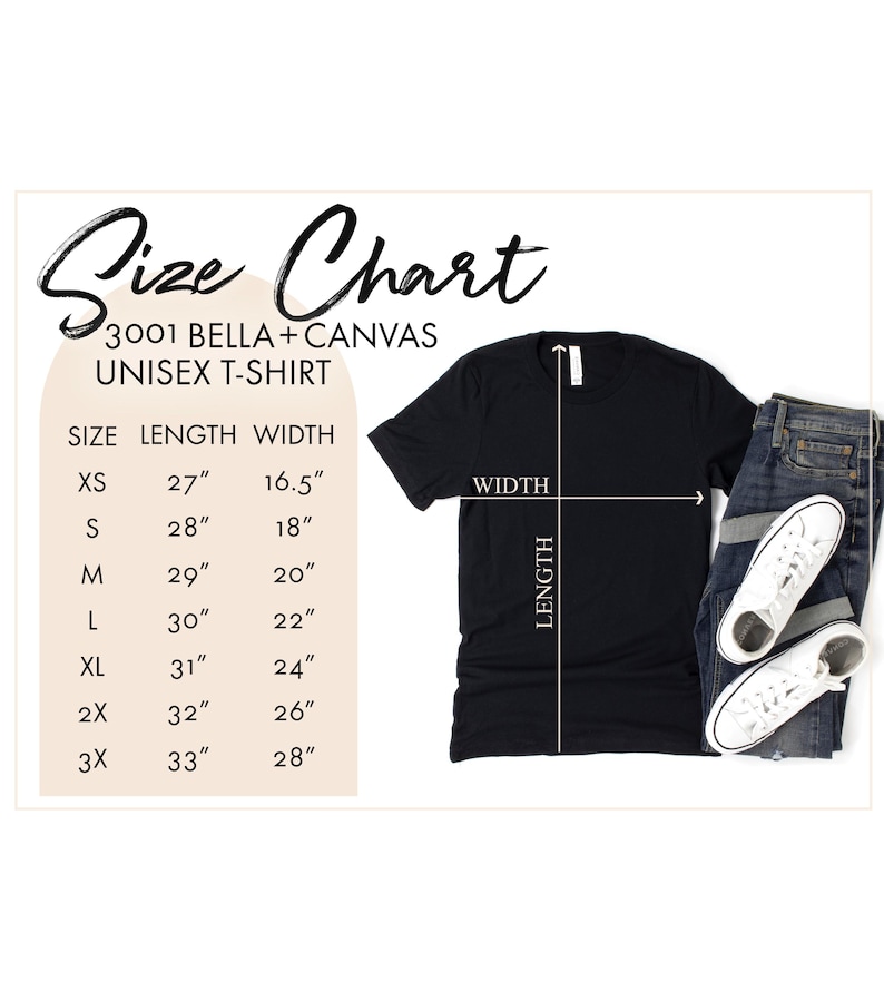 K&ouml;nnte beinhalten: Gr&ouml;&szlig;entabelle f&uuml;r ein Unisex-T-Shirt mit den Ma&szlig;en in Zoll f&uuml;r L&auml;nge und Breite. Die Tabelle umfasst die Gr&ouml;&szlig;en XS, S, M, L, XL, 2X und 3X.