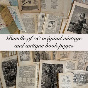 Bundle of 50 original vintage and antique book pages and pieces of ephemera for junk journaling, scrapbooking and other papercraft projects