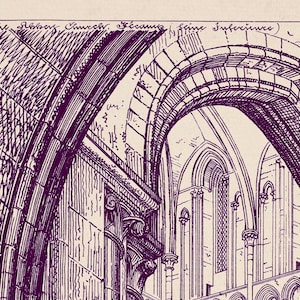 May include: A black and white line drawing of an arched doorway leading into a cathedral. The drawing shows the intricate details of the stonework and the vaulted ceiling.