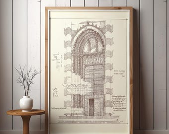 Vintage Orvieto Cathedral South Doorway Sketch Art Print (Digital Download)