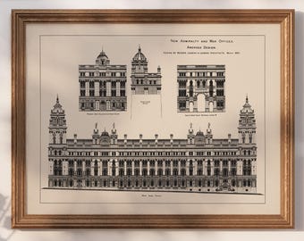 May include: Black and white architectural drawing of the New Admiralty and War Office building in London, England. The drawing shows the building's facade, with multiple windows and a central entrance. The text "NEW ADMIRALTY AND WAR OFFICE. AMENDED DESIGN. DESIGN BY MESSRS. LEEMING & LEEMING, ARCHITECTS. MARCH 1861." is visible at the top of the drawing.