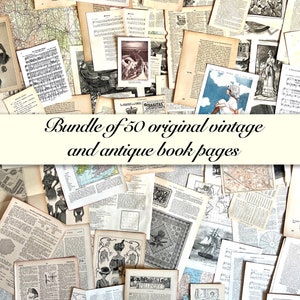Op de afbeelding: Een bundel van 50 originele vintage en antieke boekpagina's. De pagina's zijn een mix van tekst, illustraties, kaarten en bladmuziek. De pagina's zijn in verschillende tinten bruin, crème en wit.