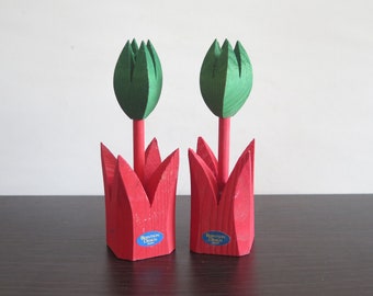 Wooden Flowers, Set of 2 Red Green Wooden Tulips Handcrafted, Scandinavian Swedish Home Decor @354-26