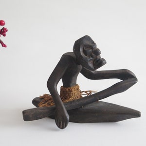 Hand carved Tribal Man in the Boat Figurine, Handmade Wooden Man Statue Wooden Figurine, Dark Wood Figurine @362-22