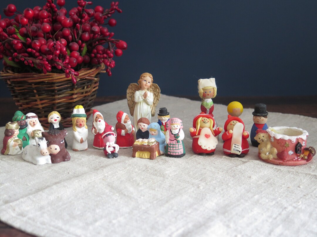 Vintage Miniature Christmas Figurines, Set of Nativity Religious and