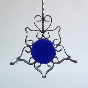 Metal Blue Glass Wall Hanging Decor by Erik Hoglund? Swedish Danish Library Decor, Sun Catcher Glass Mid Century Modern Interior @347-14