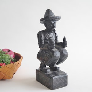 Hand carved Man Figurine Vintage Handmade Black Wooden Man Statue Carved Man Statue, Signed Wood Figurine @320-14