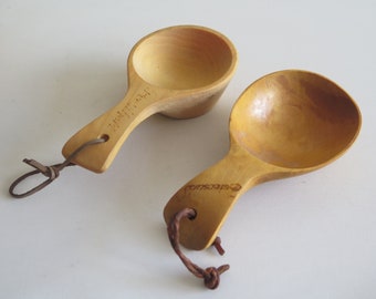 Hand Carved Wooden Spoons Set of 2, Swedish Nordic Vintage Wooden Scoop, Kitchen Utensil Country Kitchen @351-42