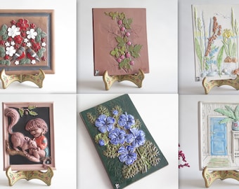 Ceramic Plaque Floral Wall Hanging Decor Swedish Flowers Squirrel Troll Berries Birds by Jie Gantofta, Gabriel Sweden @346-1