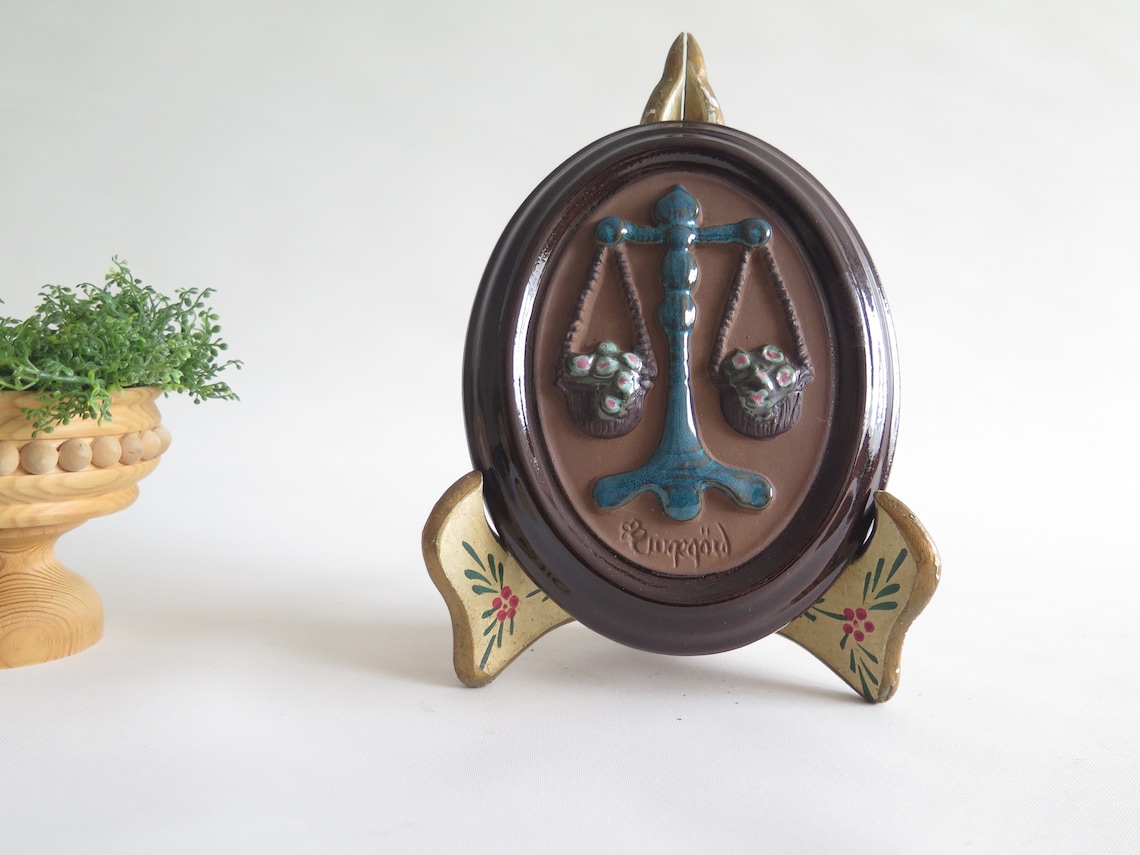 Ceramic Plaque Zodiac Sign Libra Scales Wall Decor Blue Yellow Etsy