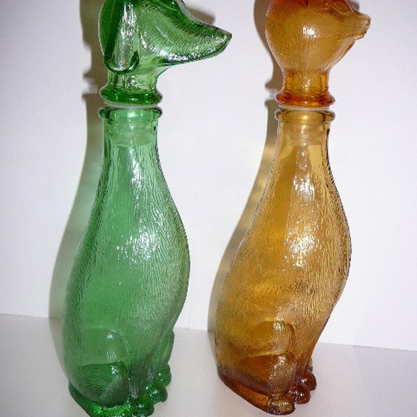 SALE 25% OFF Vintage Bottle-Dog shaped Head and Body-Oil & Vinegar Glass Decanter-Kitsch Colored Glass-- Removable Top