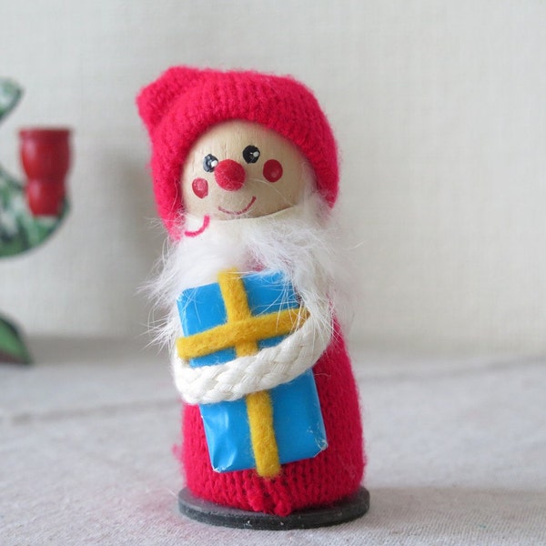 Vintage Swedish Christmas Gnome Tomte, Holiday Decoration, Wooden Figurine, Knitted Red Outfit, Christmas Scandinavian Figurine @122