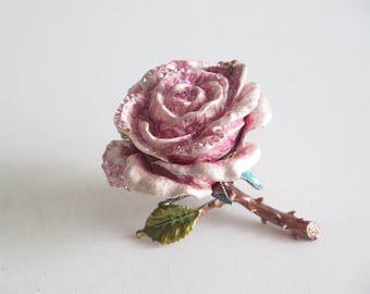 Metaal geëmailleerde magnetische sluiting, met juwelen getooide roze roos schatkist, sieraden opslag Snuisterijdoosje @359-10