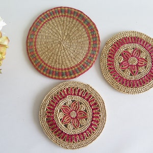 Woven Sisal Coasters Set of 3 Natural Woven Trivets, Woven Hot Pads, Rustic Kitchen Decor, Vintage Woven Trivets @351-45