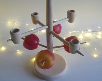 Houten kandelaar met appels, Scandinavische traditionele vintage adventskandelaar Noordse volkskunst (opvouwbaar voor eenvoudig opbergen) @356-6