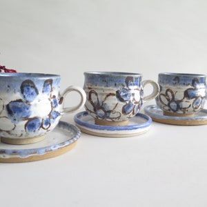 Stoneware Coffee Cups & Saucers w Blue Brown Abstract Floral Pattern, Mid Century Modern Scandinavian Nordic Norway Design @352-13