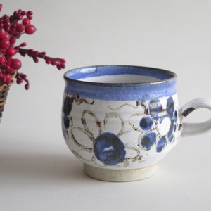 Stoneware Coffee Tea Cup w Blue Brown Abstract Floral Pattern, Mid Century Modern Scandinavian Nordic Norway Design @352-12