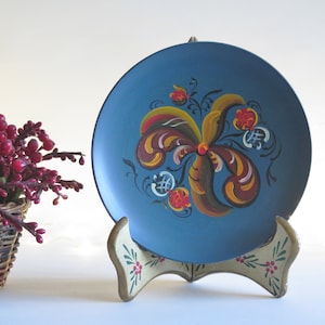 Wooden Hand Painted Rosemaled Blue Decorative Wall Plate Rosemaling Folk Art Norway Sweden Scandinavia Display Plate (3 avail.) @356-10