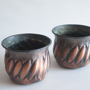 Copper Planter Pots Set of 2 Embossed Pattern Aged Patina Vintage (4 avail. in total) @347-1