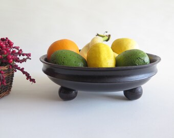 Footed Wooden Bowl, Black Wood Dining Buffet Table Bar Server 70s, Retro Fruit Dish Cupcake Sweet Stand, Wooden Cake Pedestal @304-15