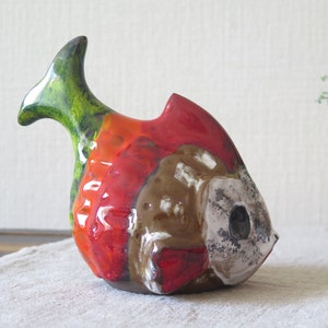 Ceramic Fish Figurine, Green Orange Red Ceramic, Collectible Figurine @316-33