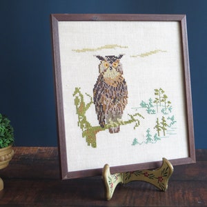 Vintage Embroidered Owl Bird Picture Scandinavian Framed Embroidery, Vintage Tapestry Hanging Decor @336-3