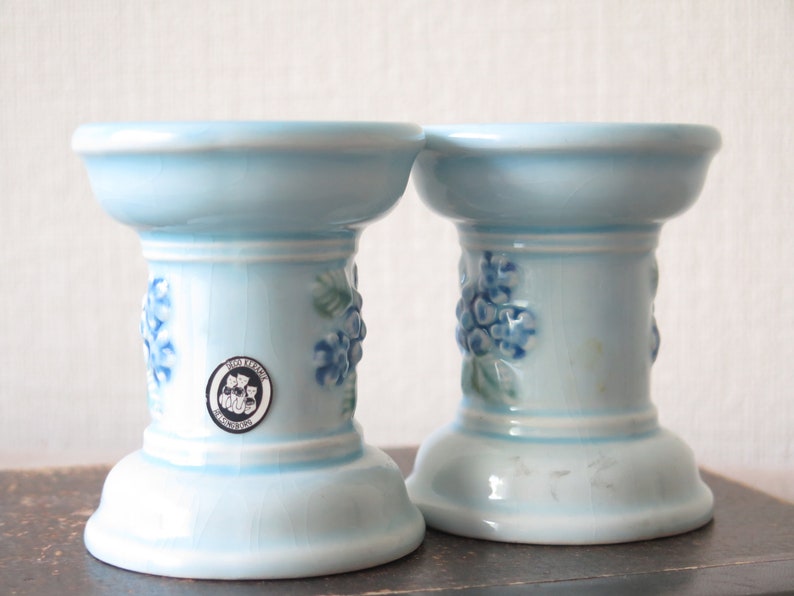 Pair of Ceramic Candle Holders by Deco Helsingborg Vintage Swedish Light Blue Floral Ceramic Decor @228-73