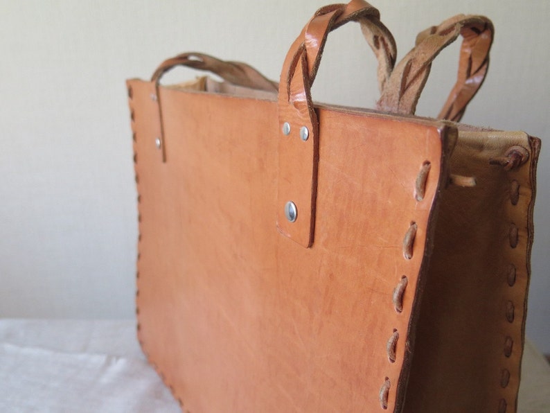 Hand Sewn Handmade @135 Vintage Genuine Leather Tote Bag Large Tote Bag Caramel Brown Handbag Market Bag Thick Leather Tote
