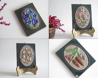 Ceramic Plaque Floral Wall Hanging Decor Swedish Flowers, Pine Cones by Jie Gantofta, Gabriel Sweden @346-13